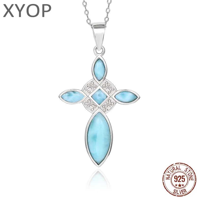 

Crucifix Cross Religious Saint Plated Gold 925 Sterling Silver Dominica Larimar Pendant Necklace Natural Precious Jewelry Gifts