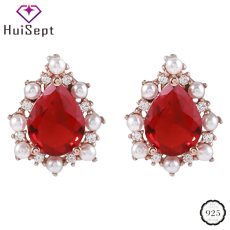 

HuiSept Fashion Silver 925 Women Earring Jewelry Accessories Water Drop Shaped Ruby Pearl Gemstone Earrings Wedding Dropshipping