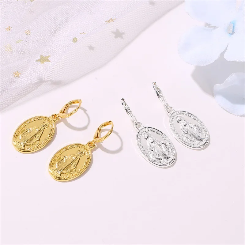 Gold Color Virgin Mary Charm Earrings for Women Geometric Oval Round Earrings Hanging the Madonna Lucky Earrings Jewelry