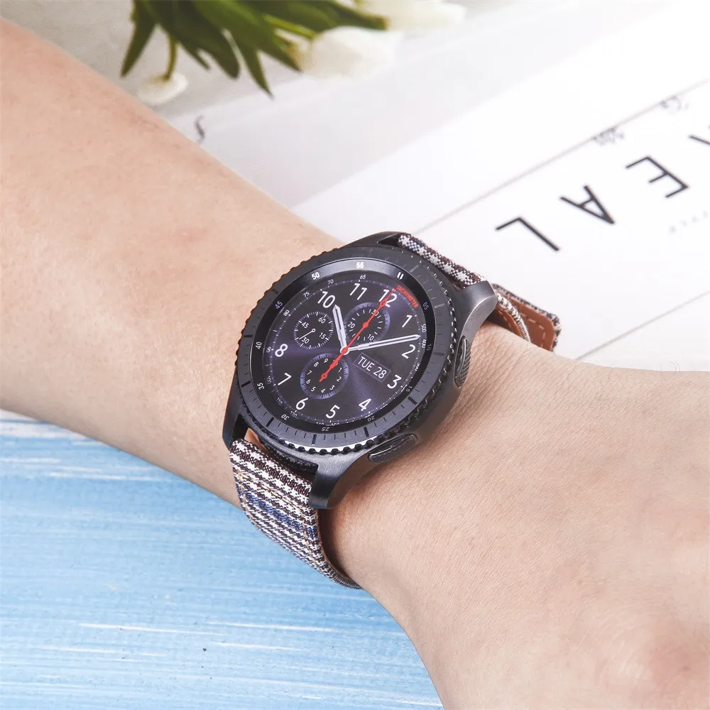 20มม./22มม.หนังผ้าใบสายรัดข้อมือสำหรับ Samsung เกียร์กีฬา S2 S3คลาสสิก Feontier Galaxy นาฬิกาสำหรับ Huamiamazfit 42/46มม.