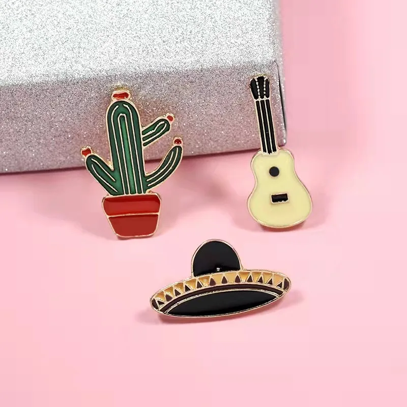 3pcs/set Hat Cap Guitar Cactus Potted Plant Brooches Denim Lapel Pin Buckle Badge Cartoon Jewelry Gift for Kids Friend Wholesale