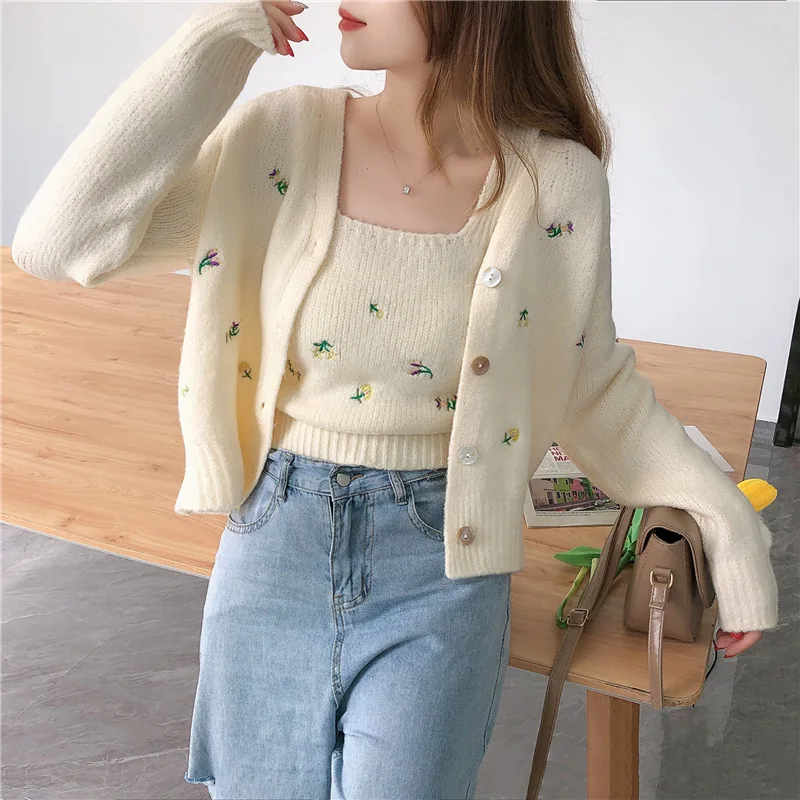 2024 Autumn Winter New Cardigans Tank Set for Women Graceful Joker Embroidery Floral V-neck Sweater Coats Girls Fashion Clothing