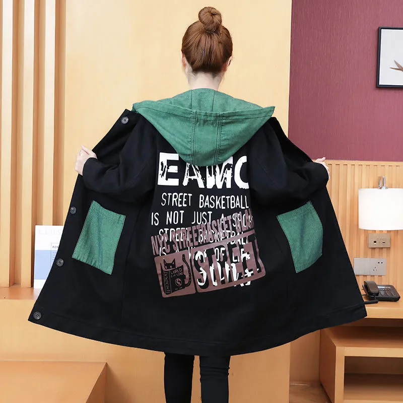 Color-Blocking Hooded Denim Jacket Women's Spring Autumn New  2022 Loose Fashion Mid-Length Casual Jeans Jacket Femme Vest