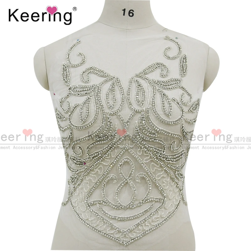 

Keering Silver Rhinestone Fabric Body Applique for Evening Dress Panel, WDP-314,Front and Back