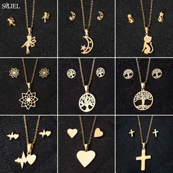Stainless Steel Plant Tree Necklaces for Women Bohemian Cross Pendant Crescent Moon Star Heart Necklace Fashion Jewelry Gift