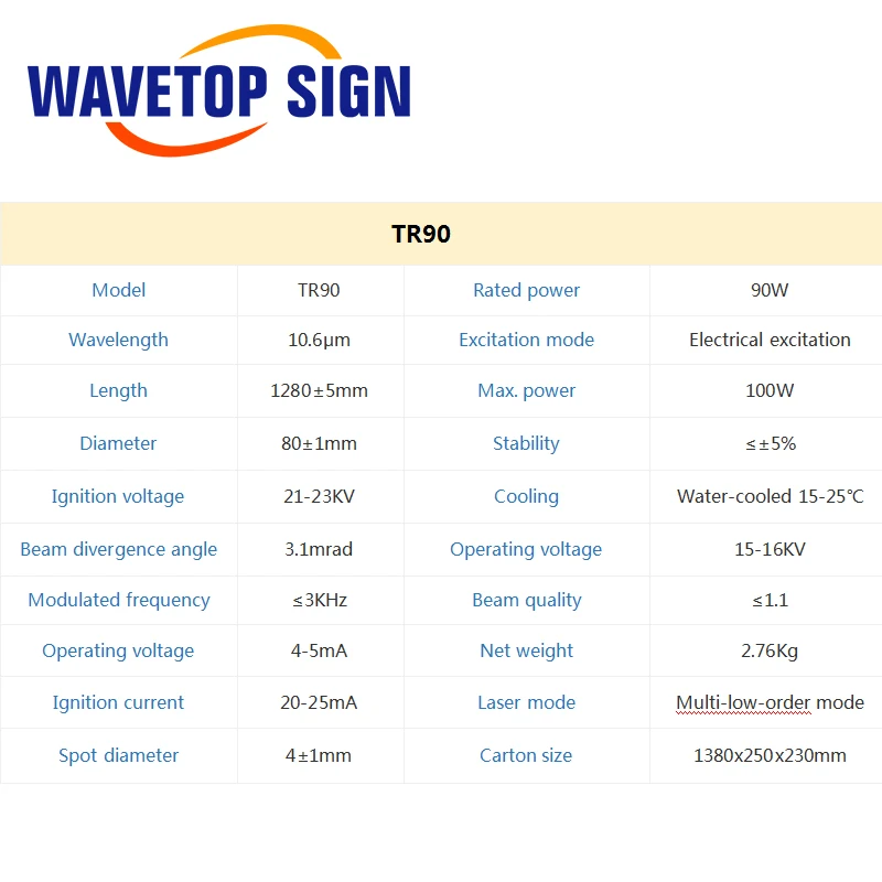 Лазерная трубка CO2 WaveTopSign, 90 Вт, диаметр 80 мм, длина 1280 мм, с красной точкой для станка для лазерной резки и гравировки CO2