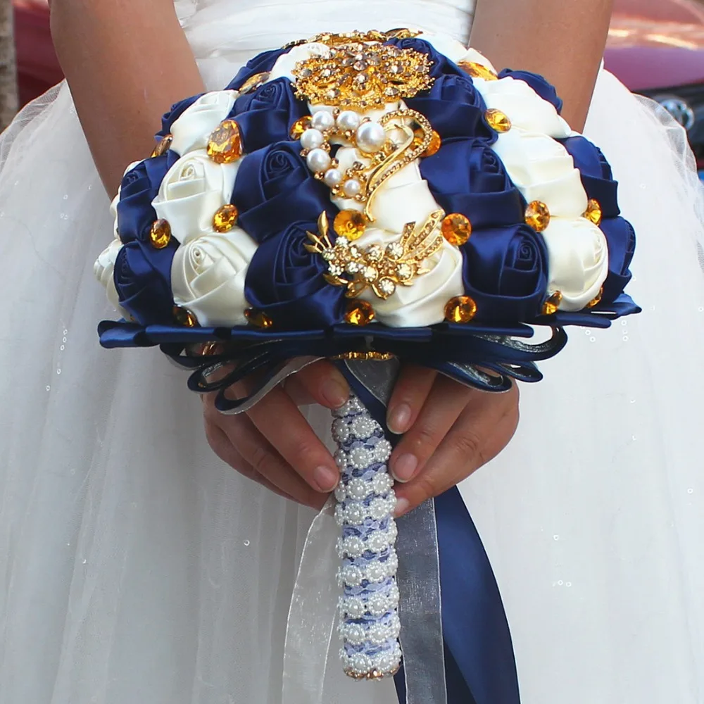 Luxury Satin Rose Flowers Bouquet Brides Navy Blue With Gold Crystal Diamond Artificial Bridal Bouquet