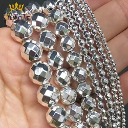 Faceted Natural Stone Silver Plated Hematite Round Loose Beads For Jewelry Making DIY Bracelet Accessories 15''2/3/4/6/8/10/12mm