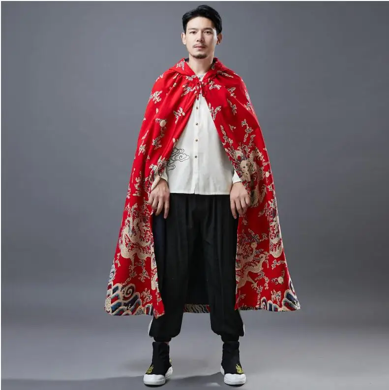 Oriental Dragon printed Plush Cape spring  Autumn Chinese style clothing  Hemp cotton Cloack ancient costume for Overseas Asian