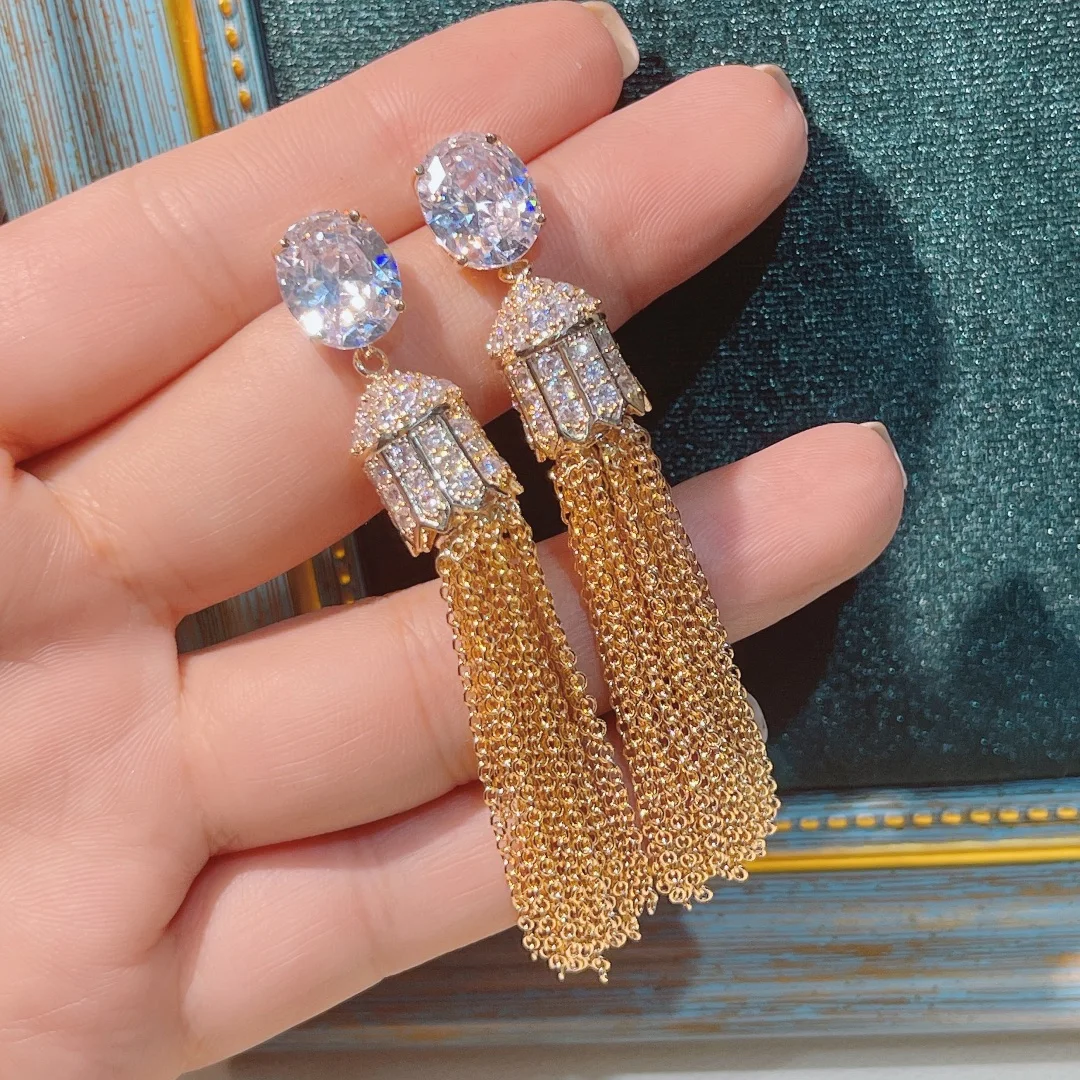 

HIBRIDE Long Tassels Drop Full Cubic Zirconia Engagement Wedding Party Nightclub Drop Earrings Women Dressing Up Jewelry E-1013