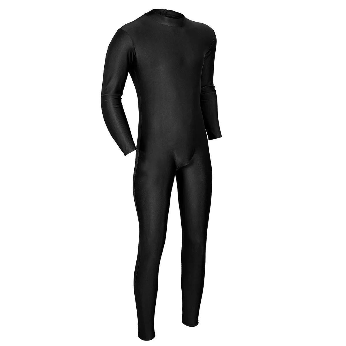 Herren einteiliger Bodysuit Reiß verschluss zurück Langarm Unitard Zentai Mock Neck Ganzkörper Jumps uit Dance wear Erwachsenen Kostüm