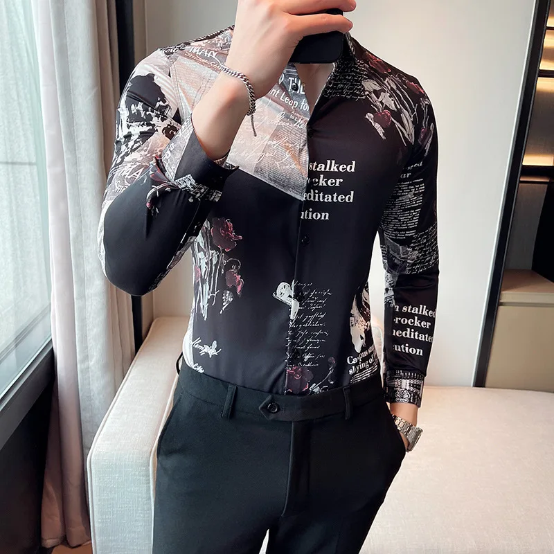 British style New Vintage Printed Shirt Fashion Men Long Sleeve Slim Fit Casual Shirt Club Party Dress Social Shirt Tops Hommes