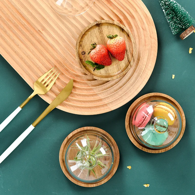 Wooden Dessert Plate Mini Cake Dessert Dish With Glass Cover Wood Dishes Mousse Macaron Snack Tray Decoration Mini Platter