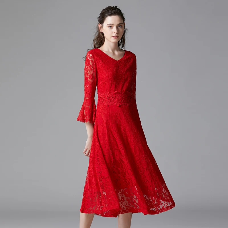 

Taoyizhuai spring and autumn women's new red A-line dress with enlarged trumpet sleeves