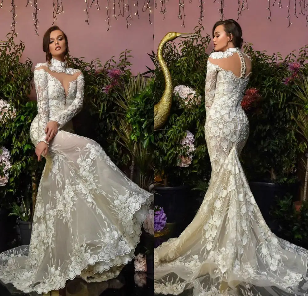 العربية عالية الرقبة حورية البحر فستان الزفاف الدانتيل زين كم طويل Vestidos De Novia ضوء الشمبانيا تخصيص شاطئ فستان الزفاف