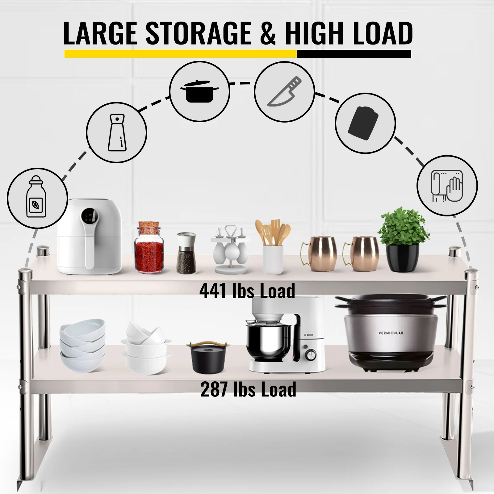 VEVOR Stainless Steel Kitchen Work Table Professional 7 Types Double Overshelf Adjustable Lower Shelf Use for Home Commercial