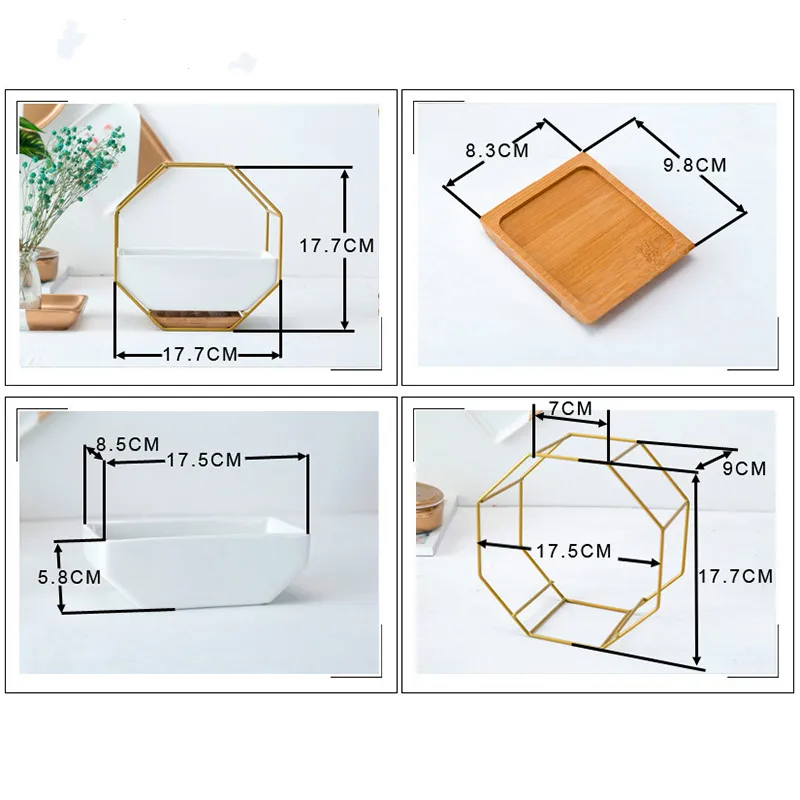 Metal Iron Rack White Ceramic Planter Pot Simple Octagonal Geometric Wall Hanging Ceramic Flower Pot Bamboo Tray Iron Frame