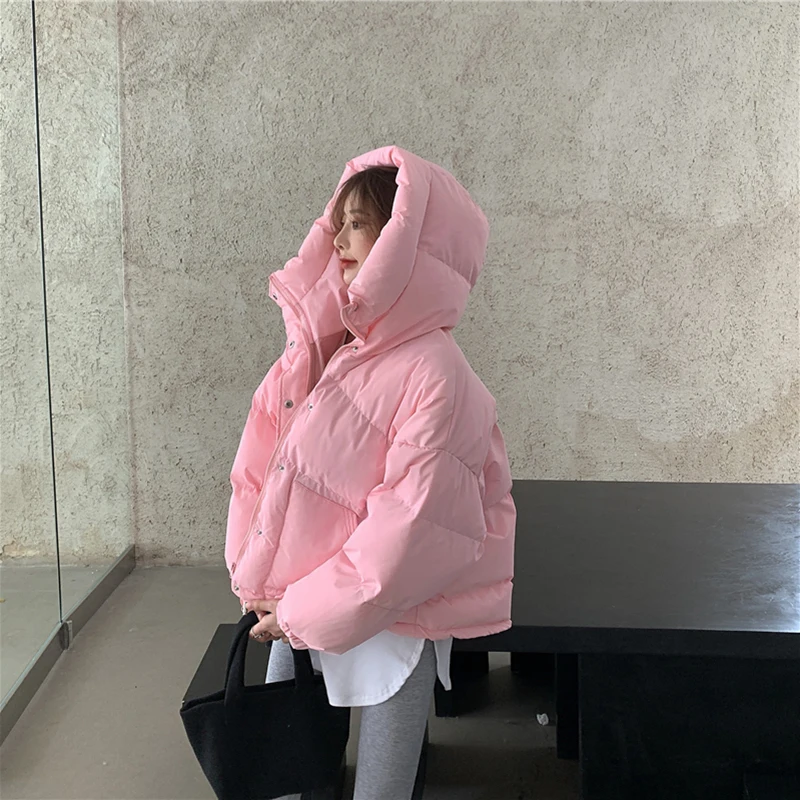 Winter Puffer Cotton-padded Coats Female\'s Oversized Hooded Parka Short Loose Warm Bread Coat Candy Color Cotton Jacket