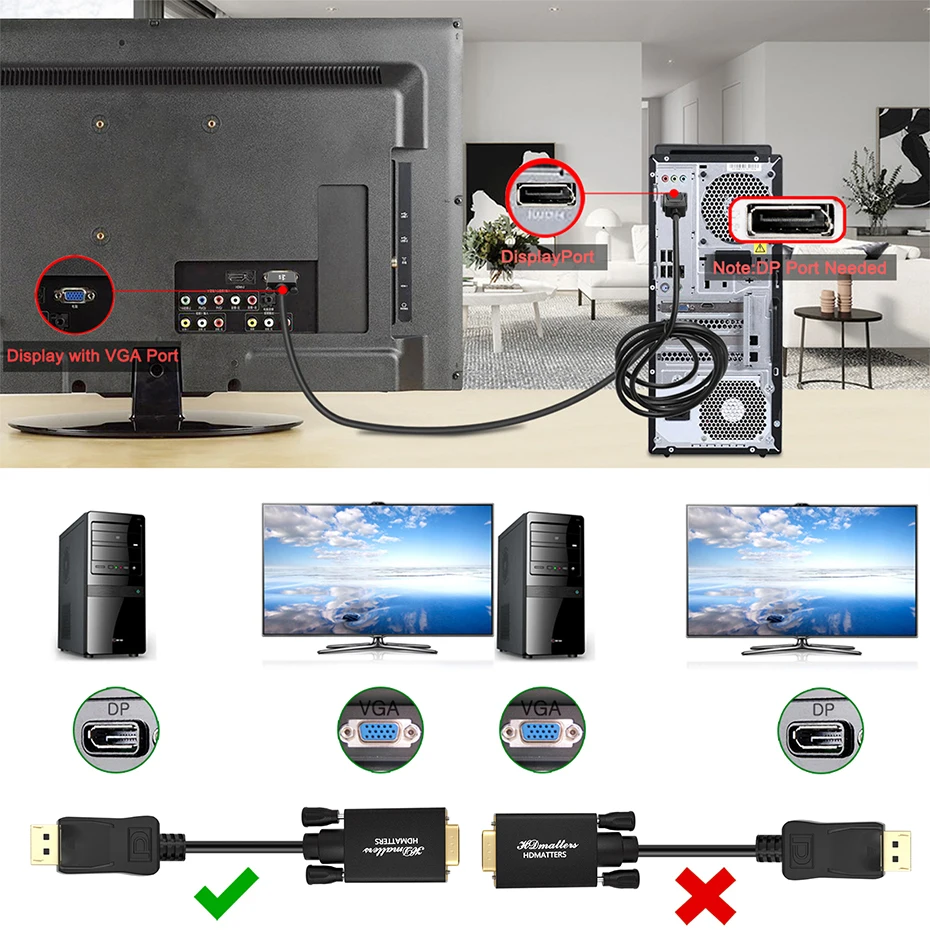 Displayport to Vga cable 1080P Display Port to VGA monitor cable 1.8M DP male to VGA male for Nvidia AMD Lenovo HP Dell PC l