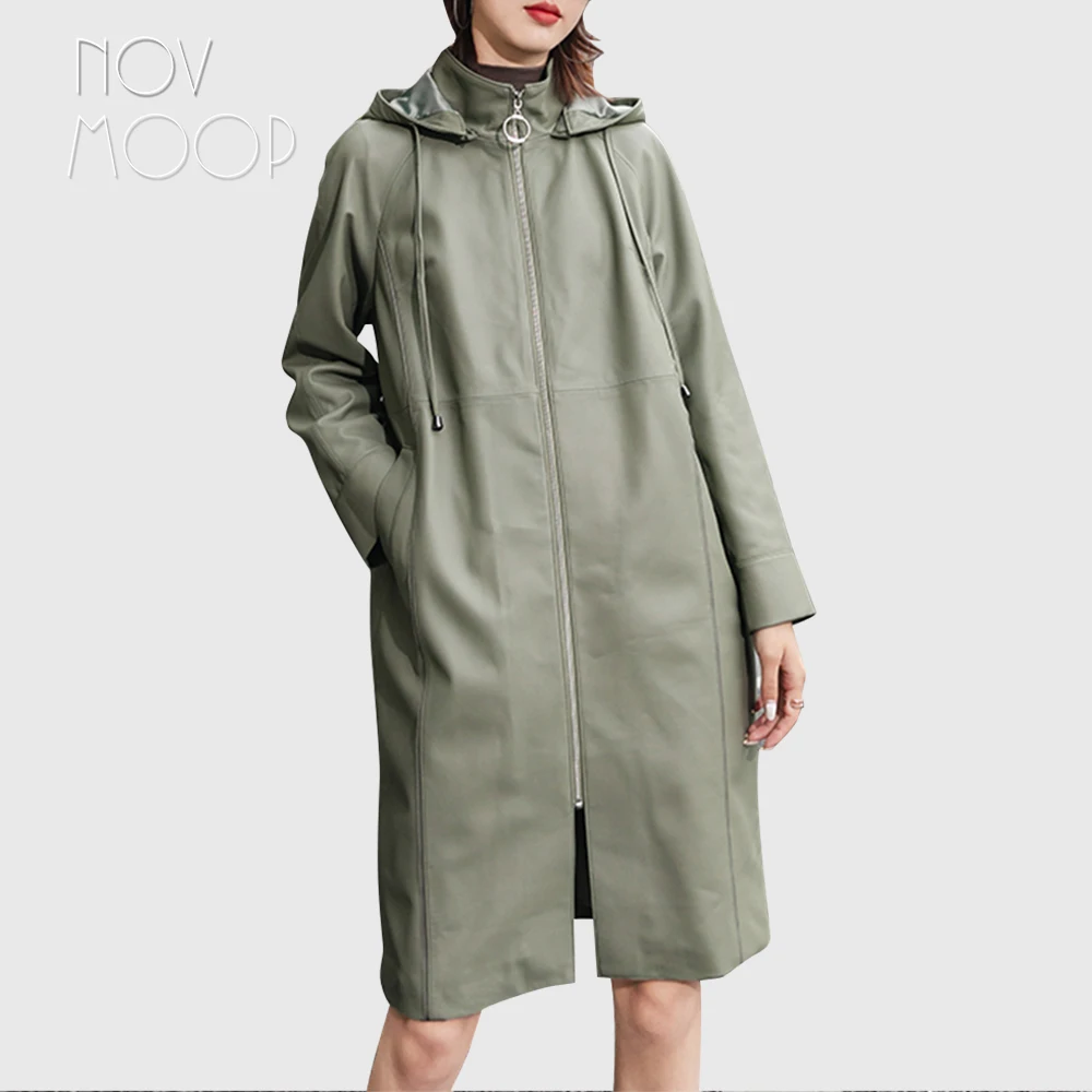 Novmoop genuine leather hooded women coat simple chic French elegant style designer avocat green Veste en cuir LT3400