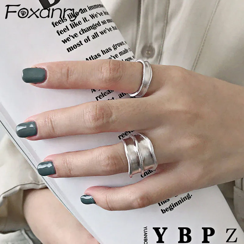 Foxanry Silver Color Engagement Rings for Women Fashion Simple Brushed Width Geometric Vintage Punk Party Jewelry Gifts