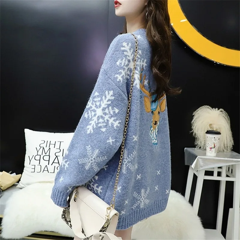 Christmas Elk Sweater Women New Style Autumn Winter Embroidered Pullover Loose Sweater Jacket All-match Thicken Top Fall Women