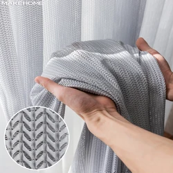 3D Fish Bone Solid Color Tulle Curtains for Living Room Bedroom Window Screen Voile Thick Sheer Curtains for Kitchen