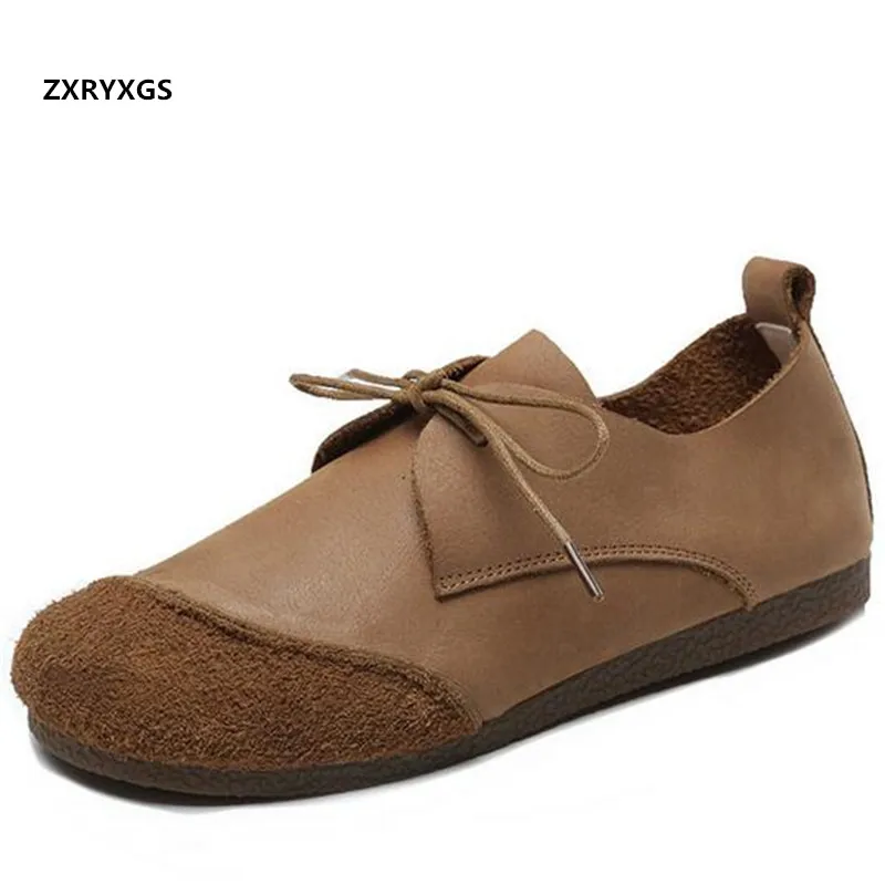 

ZXRYXGS 100% Genuine Leather Shoes Woman Loafers Shoes Flat Shoes Sneaker Retro 2024 Spring Casual Shoes Woman Warm Winter Flats