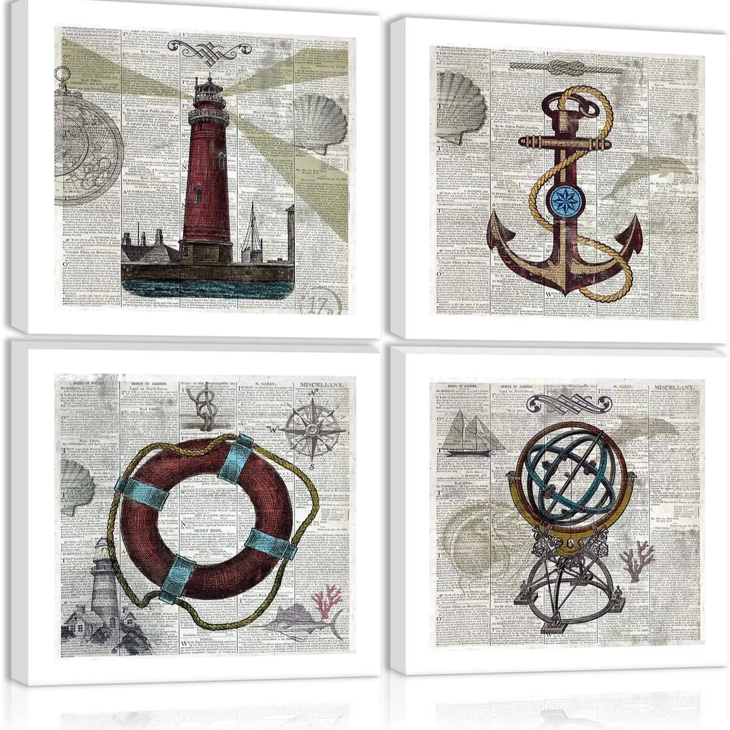 

4 Pieces Anchor Lighthouse Swimming Ring Globe Sailboat Posters Canvas Pictures Wall Art Home Decor Paintings Room Decorations