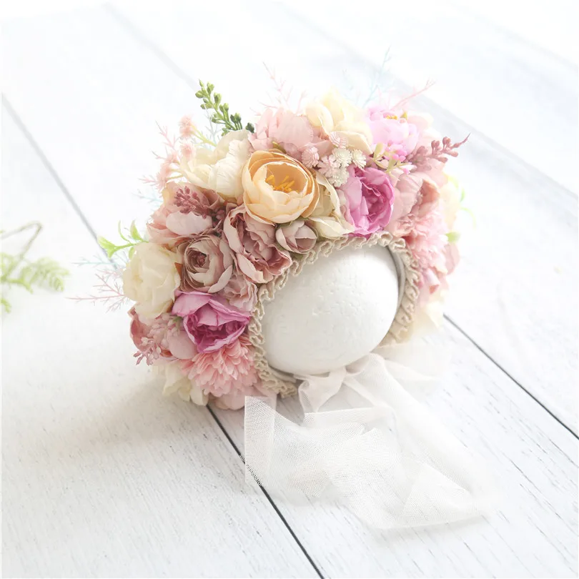 

Vintage Baby Girl Flowers bonnet Purple Pink Floral Newborn sitter hat Photography props Baby girl bonnet photo props