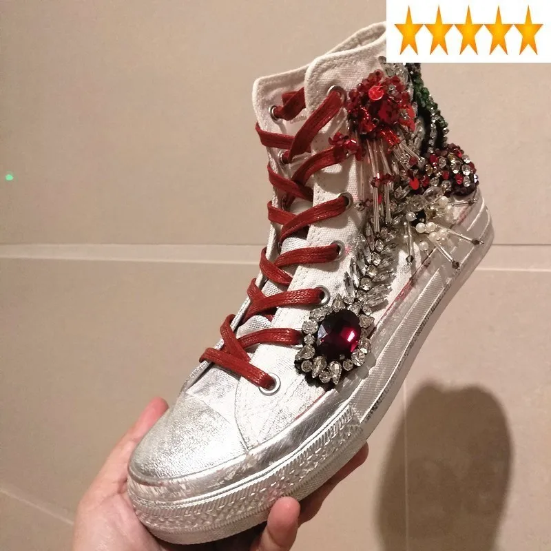 Womens Canvas High Top Sneakers Lace Up Diamonds String Bead Luxury Designer Vintage Round Toe Casual Flat Shoes