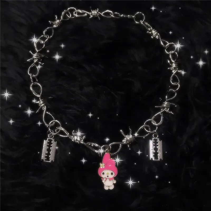 1 Pcs Kuromi Sanrio Cartoon Anime Series Kittywith Silver Necklace Full Kawaii Cute Fashion Clavicle Accessories Baby Girl Gif