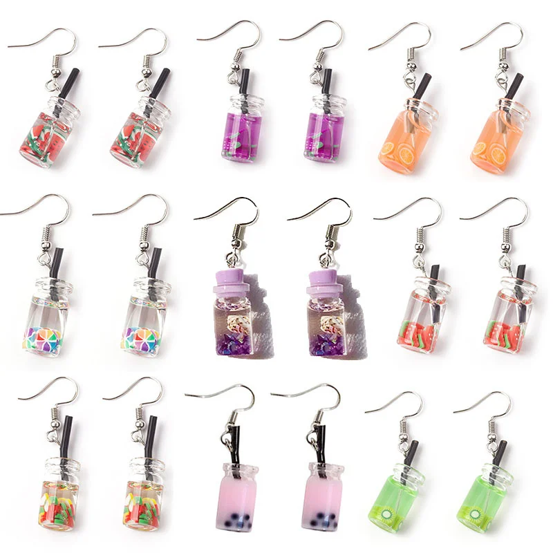 Pearl Milk Tea Cup Shaped Dangle Earrings for Women Fun Ocean shell Drifting Drink Bottle Pendant Earrings Handmade Accessories