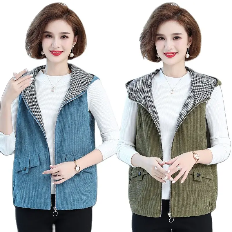 

Middle-aged Women's 5XL Waistcoat Jacket 2021 Spring and Autumn New Short Jacket Corduroy Hooded Cardigan Vest A415