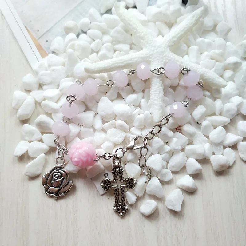 QIGO Pink Crystal Strand Cross Rosary Bracelet Religious Jewelry
