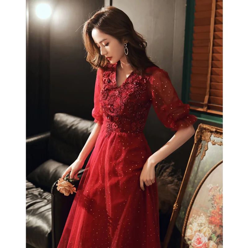 Women Elegant Wedding Party Dress Bride Sexy V-Neck Exquisite Appliques Sequins Bling Evening Dress