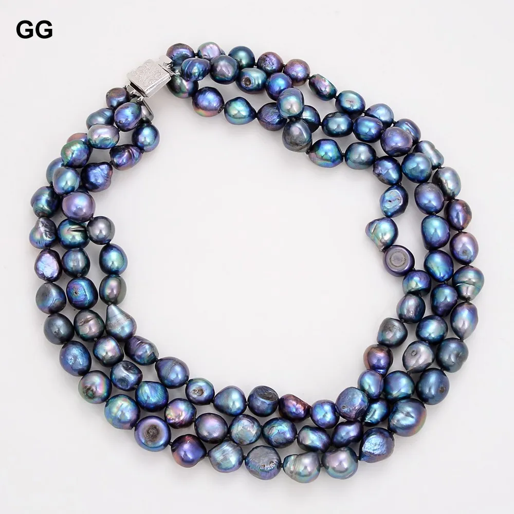 G-G 3 Strands Natural 12-15mm Peacock Black Baroque Keshi Necklace