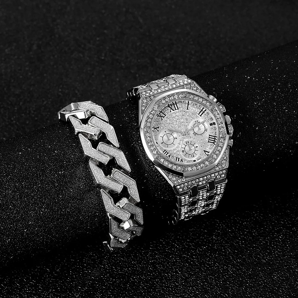 Reloj de pulsera de oro para hombres, mujeres y niños, cadena cubana, Bling Iced Out, marca superior de lujo, Conjunto de reloj, regalo para