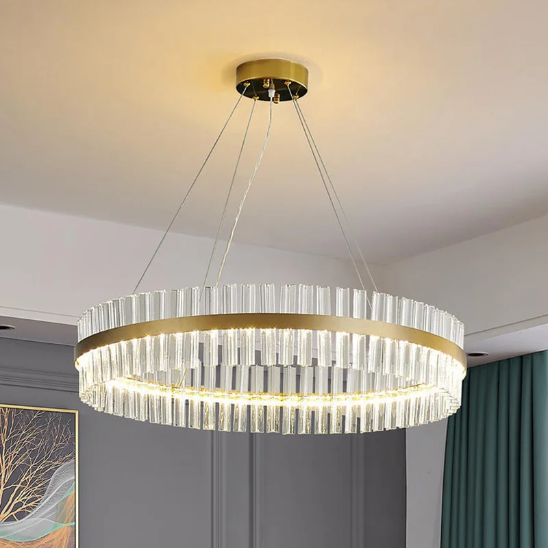 

Modern Luxury Round Golden LED Crystal Chandelier Nordic Living Room Bedroom Hanging Lamps Simple Dining Room Pendant Lighting