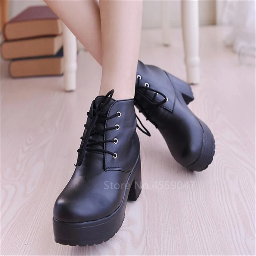 College giapponese Mori Girl Jk Uniform PU Leatehr Lace Up Platform stivali neri Lolita Gothic Round Head Mary Jane Strap Shoes