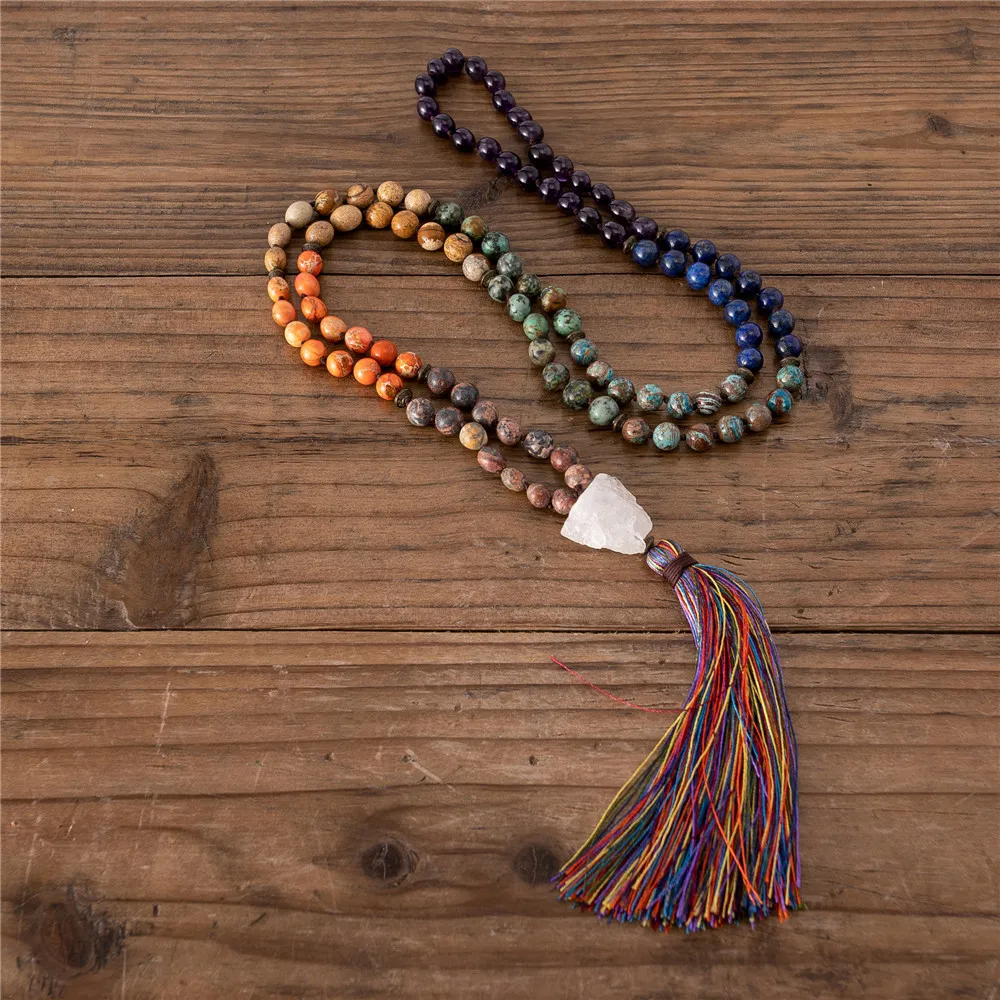 Handmade 7 Chakra Multi Colors Natural Stone 108 Mala Beads Necklace With Tassel Meditation Jewelry Friends Gifts Dropshipping