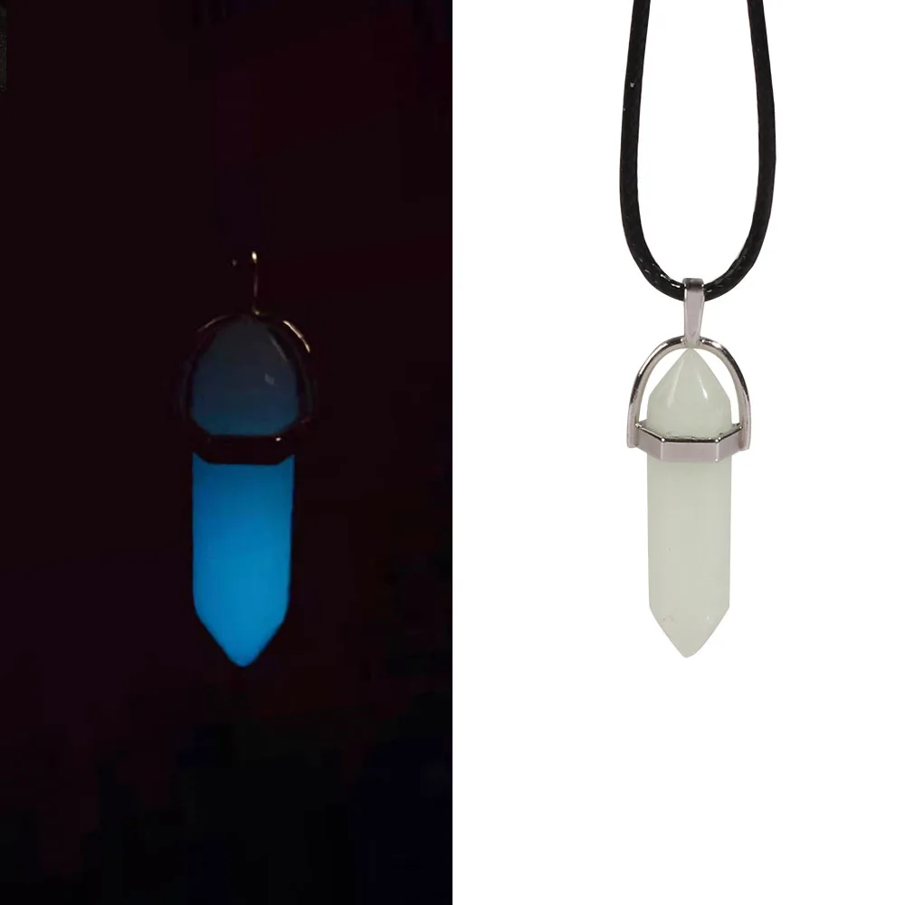 Trendy Dark Luminous Stone Fluorescent Hexagonal Column Necklace Crystal Glowing in Dark Bullet Pendant Choker Leather Chain