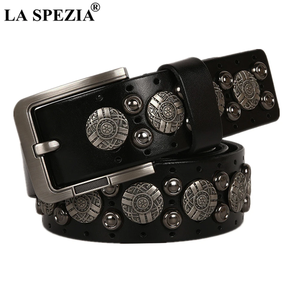 LA SPEZIA Punk Rock Belts for Men Real Patent Leather Steampunk Accessories Buckle Belts Male Rivet Black Waist Belt