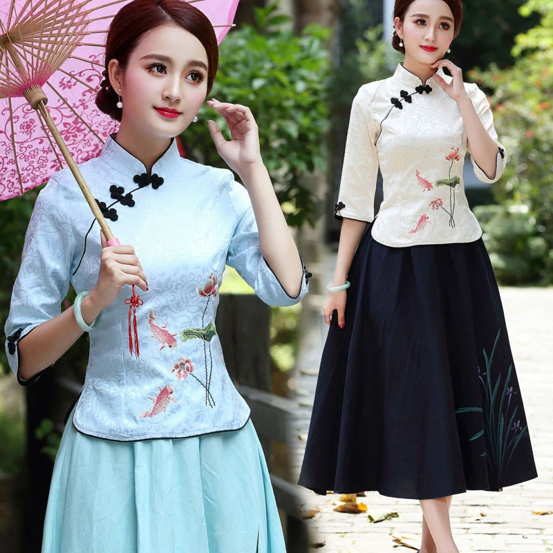 

Improved cheongsam hanfu female half-sleeved shirt dress Chinese two-piece suit tang coat hanfu elegant daily student clothes