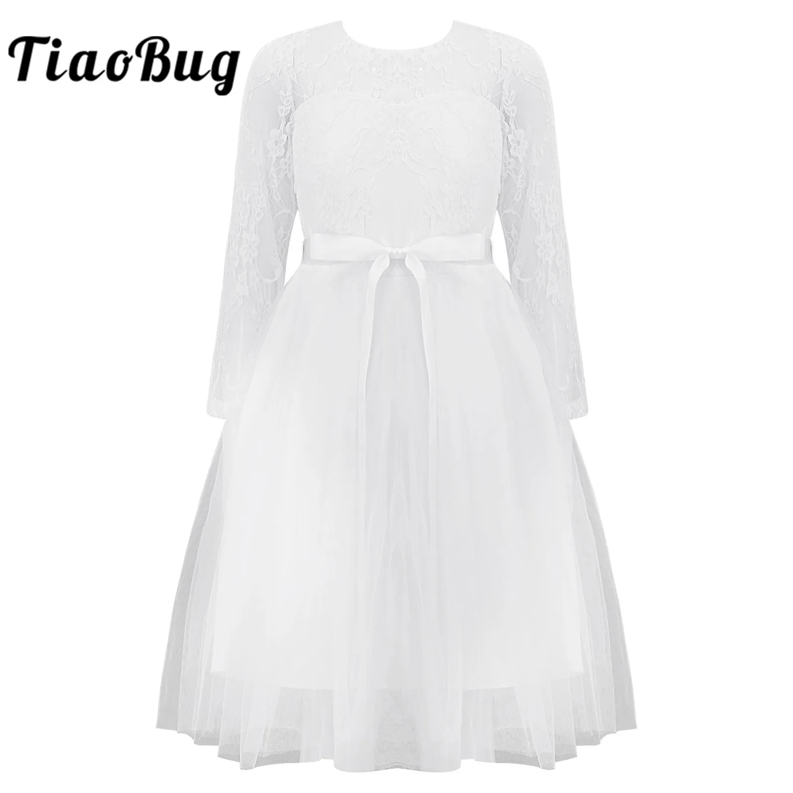 Girls Party Dress Elegant Long Sleeve Lace Flower Girls Dress First Communion Dress for Girls Pageant Wedding Gown Kids Dresses