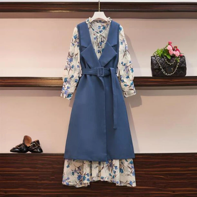 

Women 2020 Spring Autumn New Elegant Chiffon Dress Suit Bow Collar Print A-line Dresses Belt Vest 2 Piece Set Plus Size 4XL