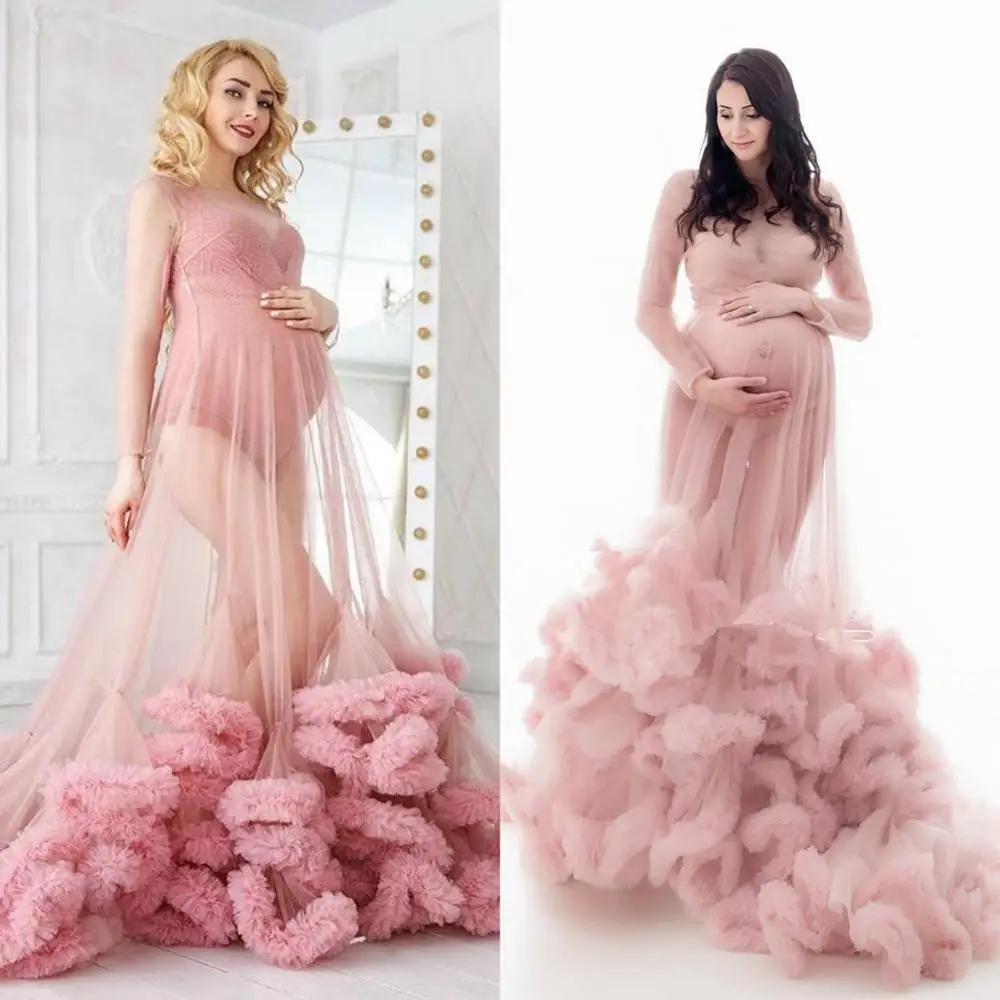 Plus Size Tulle Celebrity Dresses 2021 Women Pregnant Party Sleepwear Jackets with Ruffles Maternity Photoshoot Gowns