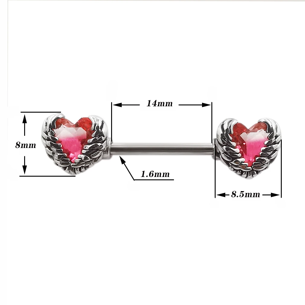 JHJT 2PCS Nipple Rings Barbell Stainless Steel Pink Heart Wings Sexy Women Nipple Bar 14G(1.6mm) Body Piercing Jewelry