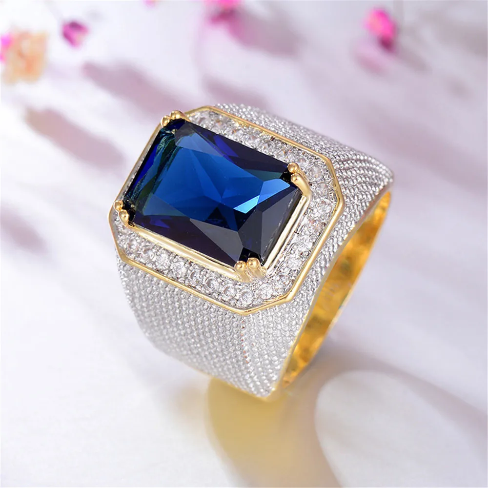 Blue crystal ring for men big black stone full simulated diamonds wedding engagement rings band luxury masculine sizes 7 to 12