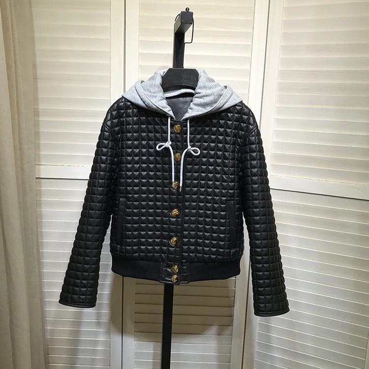 Autumn Winter Women's High Quality genuine leather plaid hooded jackets C608